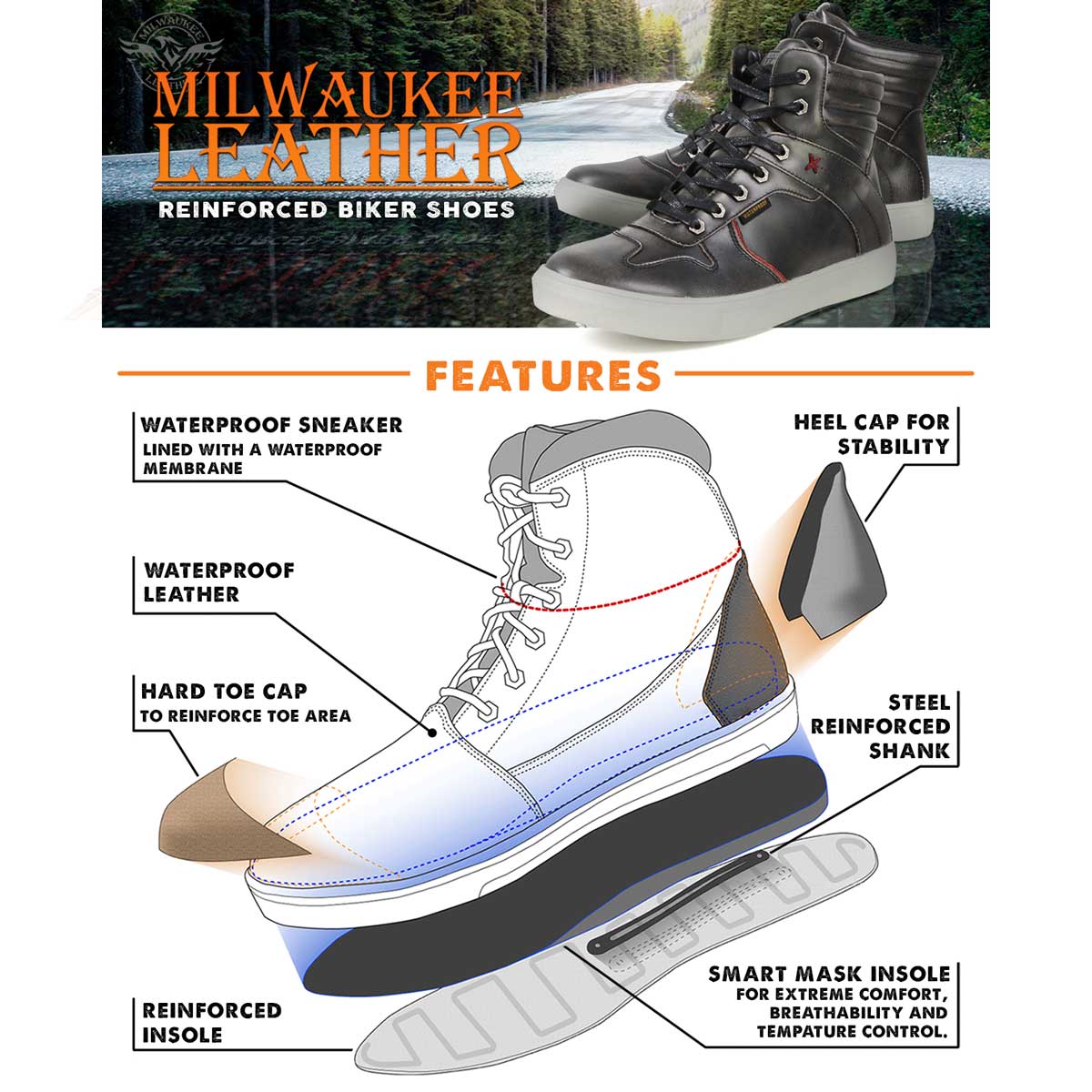Milwaukee Leather MBM9152 Men's Black Leather High-Top Biker Riding Waterproof Shoes Reinforced w/ Ankle Support - Image 2