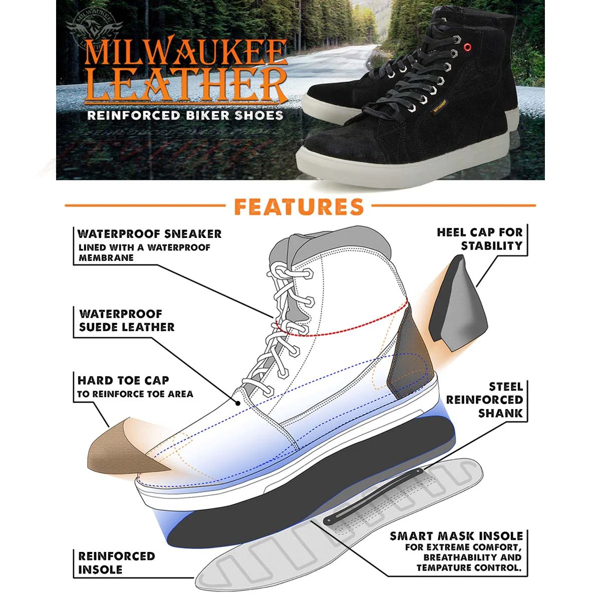 Milwaukee Leather MBM9155 Men's Black Suede Leather Reinforced Street Riding Waterproof Shoes w/ Ankle Support - Image 2