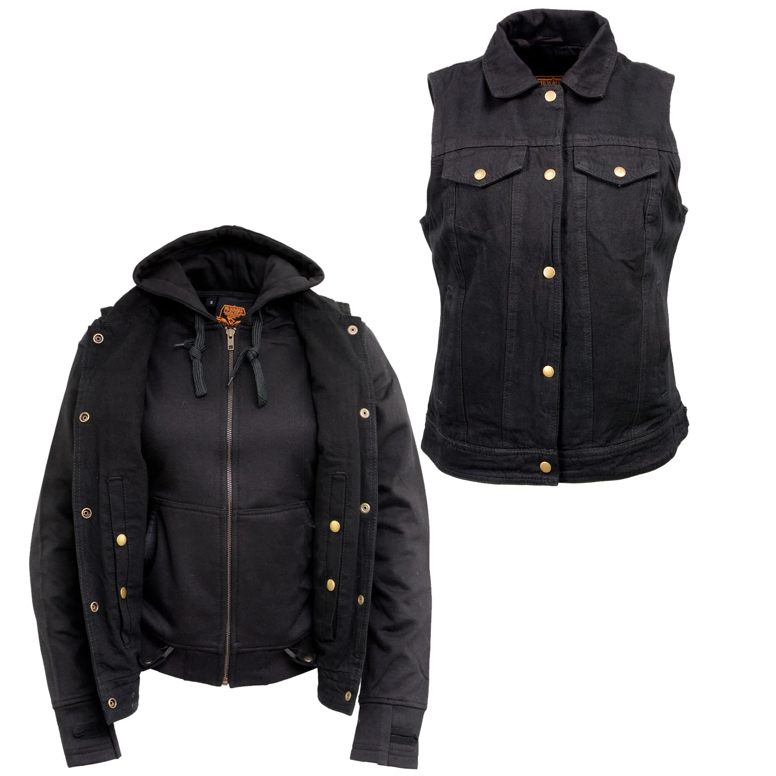Milwaukee Leather MDL4002 Women's Black Denim 2 in 1 Shirt Style Collar Motorcycle Rider Vest W/ Removable Hoodie - Image 2