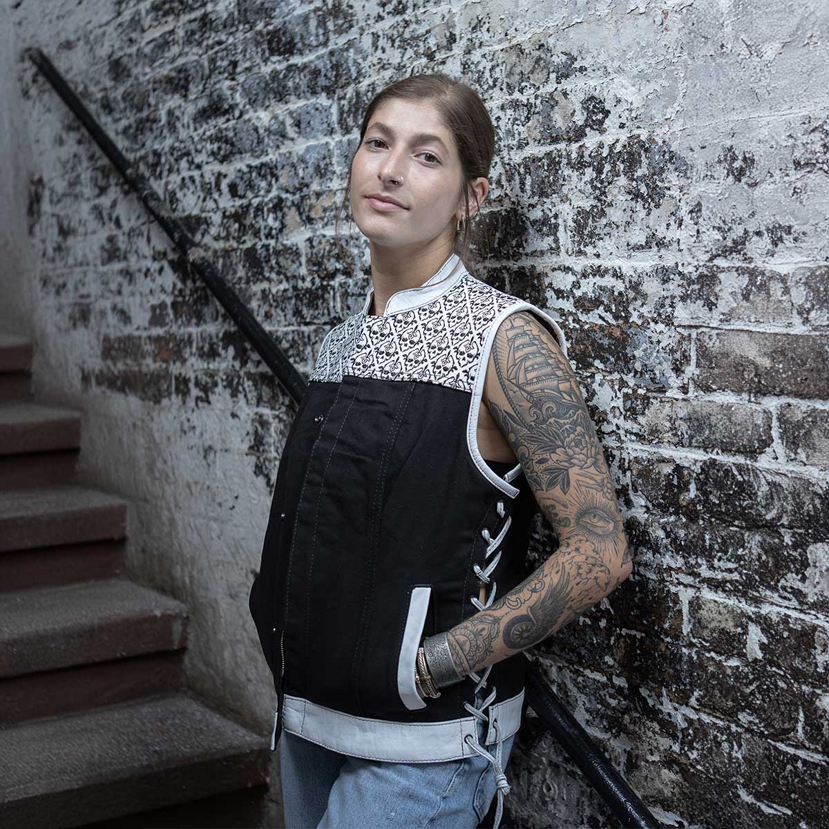 Milwaukee Leather MDL4050 Women's 'Skelly' Black with White Motorcycle Denim Vest w/ Skull Embroidery - Image 10