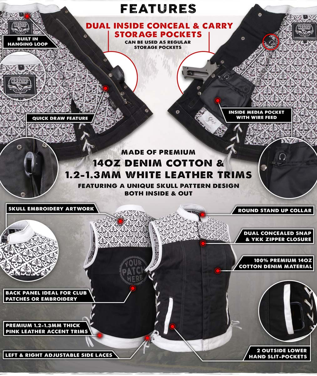 Milwaukee Leather MDL4050 Women's 'Skelly' Black with White Motorcycle Denim Vest w/ Skull Embroidery - Image 2