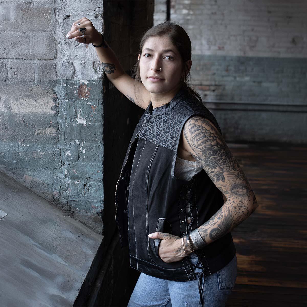 Milwaukee Leather MDL4052 Women's 'Skelly' Black Motorcycle Denim Vest w/ Skull Embroidery - Image 11