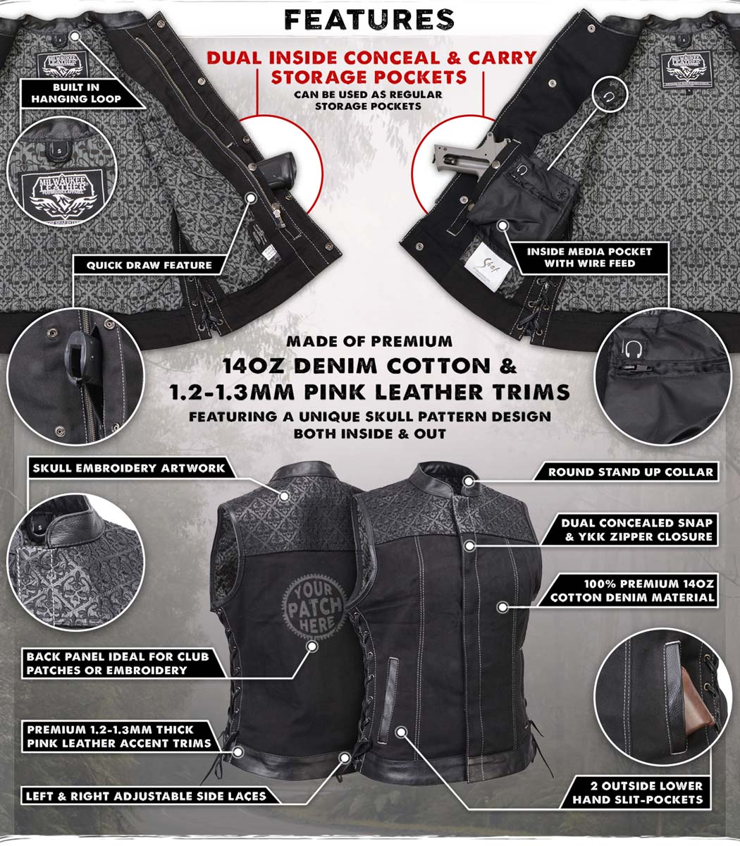 Milwaukee Leather MDL4052 Women's 'Skelly' Black Motorcycle Denim Vest w/ Skull Embroidery - Image 2