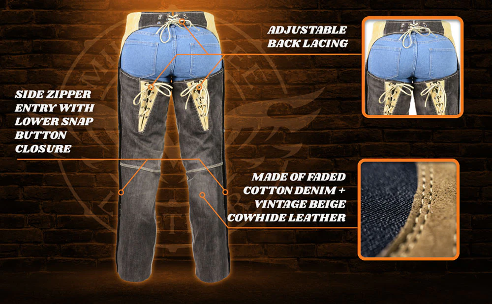 Milwaukee Leather MDL6905 Women's Two Tone Black and Beige Denim and Leather Chaps with Two Front Pockets - Image 4
