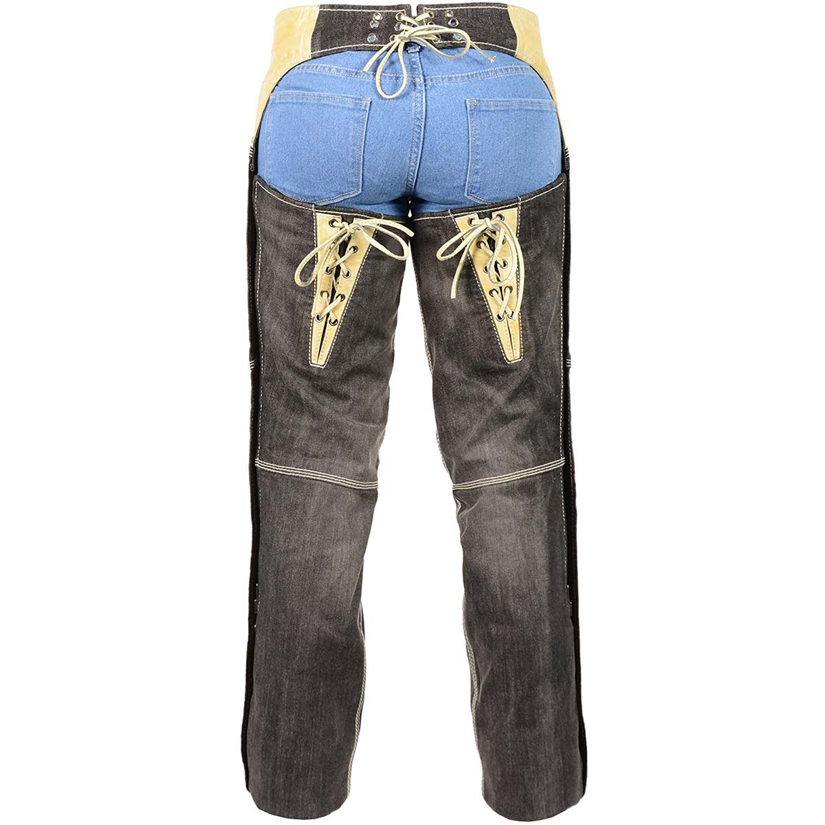 Milwaukee Leather MDL6905 Women's Two Tone Black and Beige Denim and Leather Chaps with Two Front Pockets - Image 5