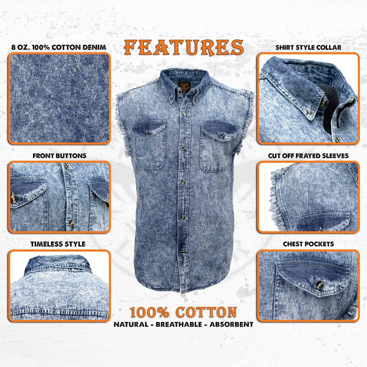 Milwaukee Leather MDM11684 Men’s Classic Light Blue Button-Down Cut Off Frayed Sleeveless Casual Shirt - Image 2