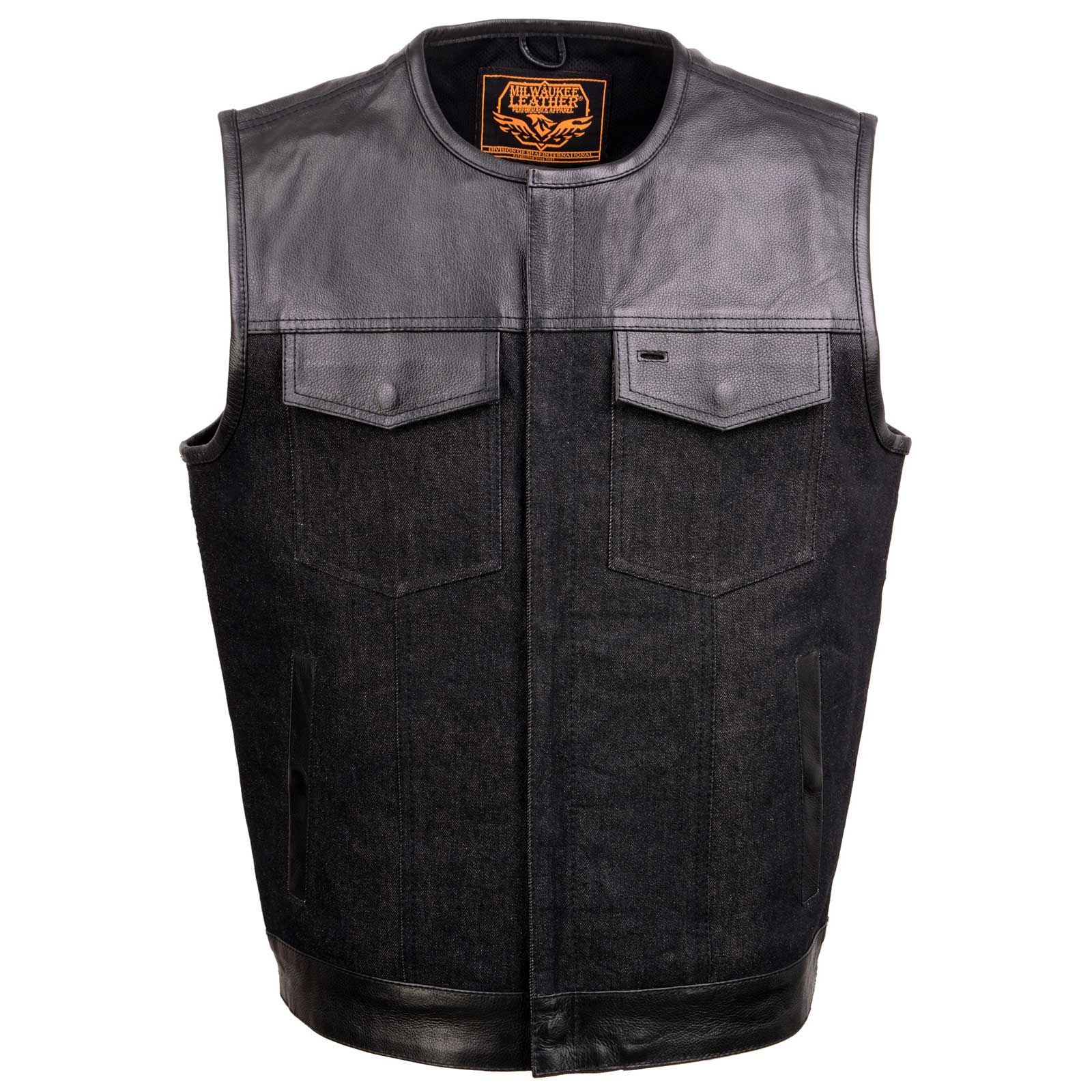 Milwaukee Leather MDM3003 Men's 'Brute' Concealed Snap Black Denim and Black Leather Club Style Vest w/ Hidden Zipper - Image 10