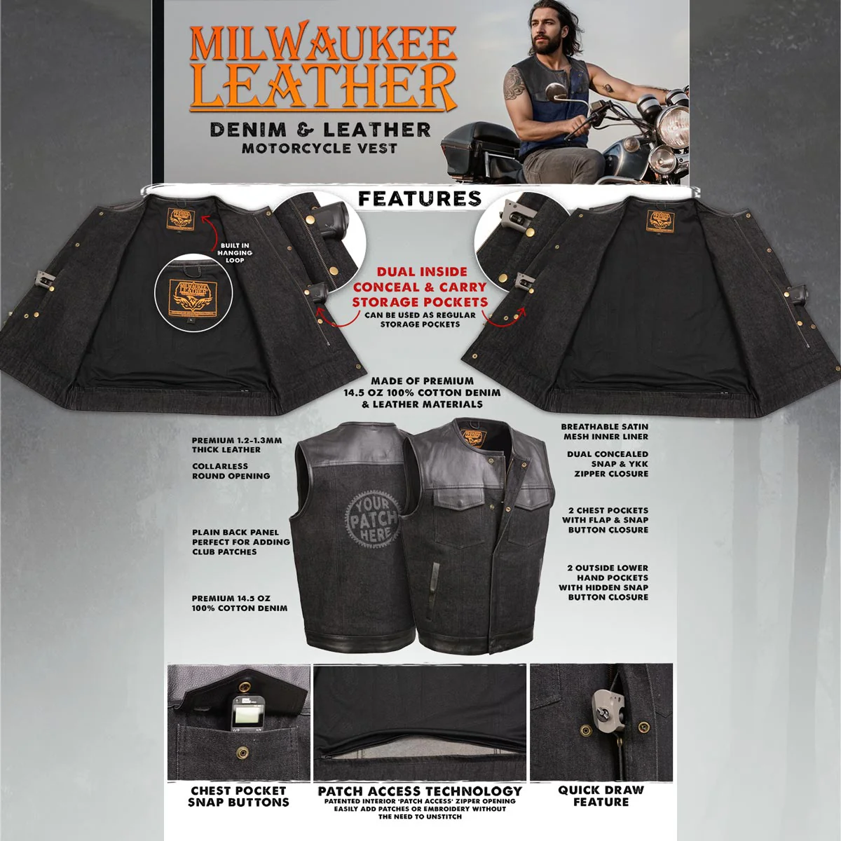 Milwaukee Leather MDM3003 Men's 'Brute' Concealed Snap Black Denim and Black Leather Club Style Vest w/ Hidden Zipper - Image 2