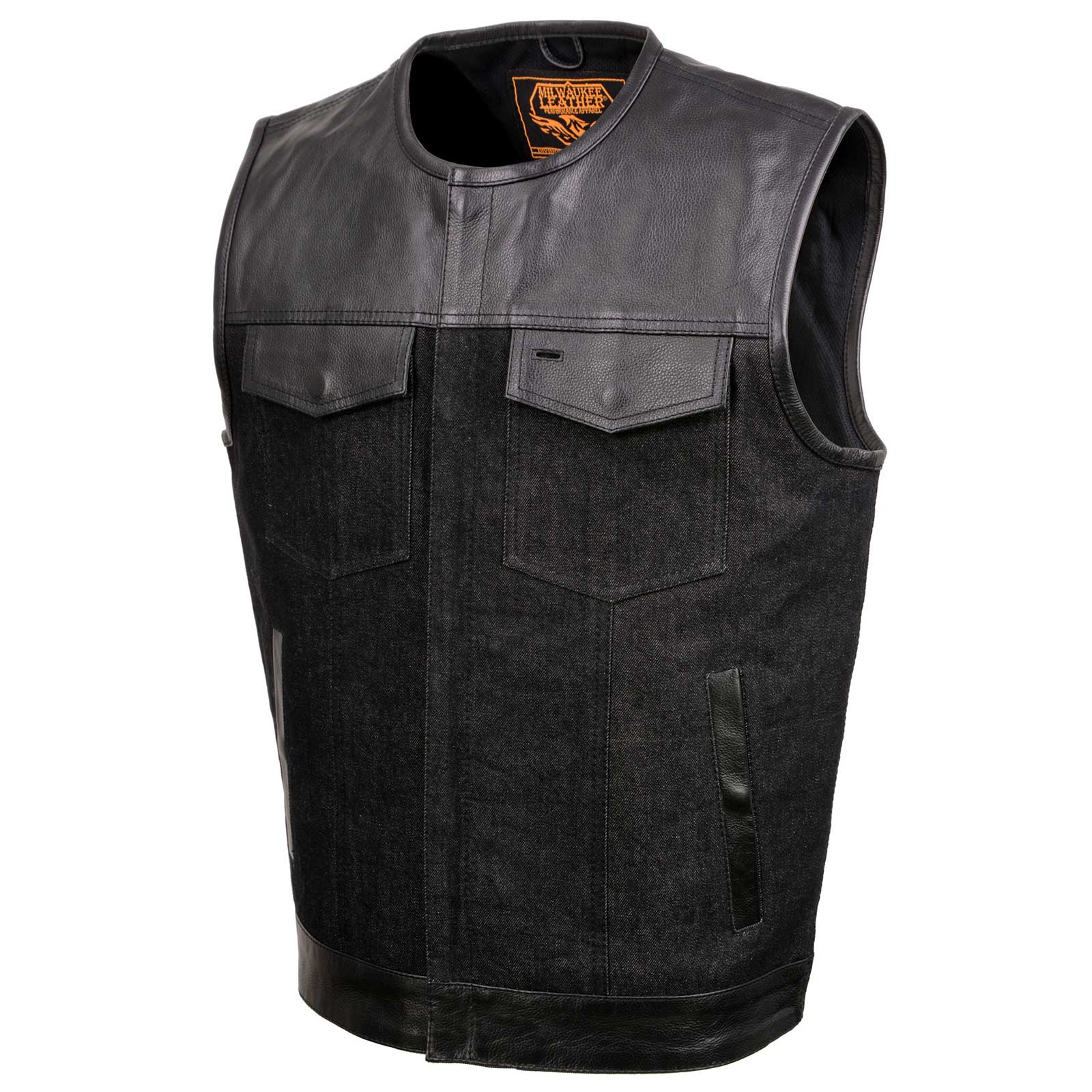 Milwaukee Leather MDM3003 Men's 'Brute' Concealed Snap Black Denim and Black Leather Club Style Vest w/ Hidden Zipper - Image 9