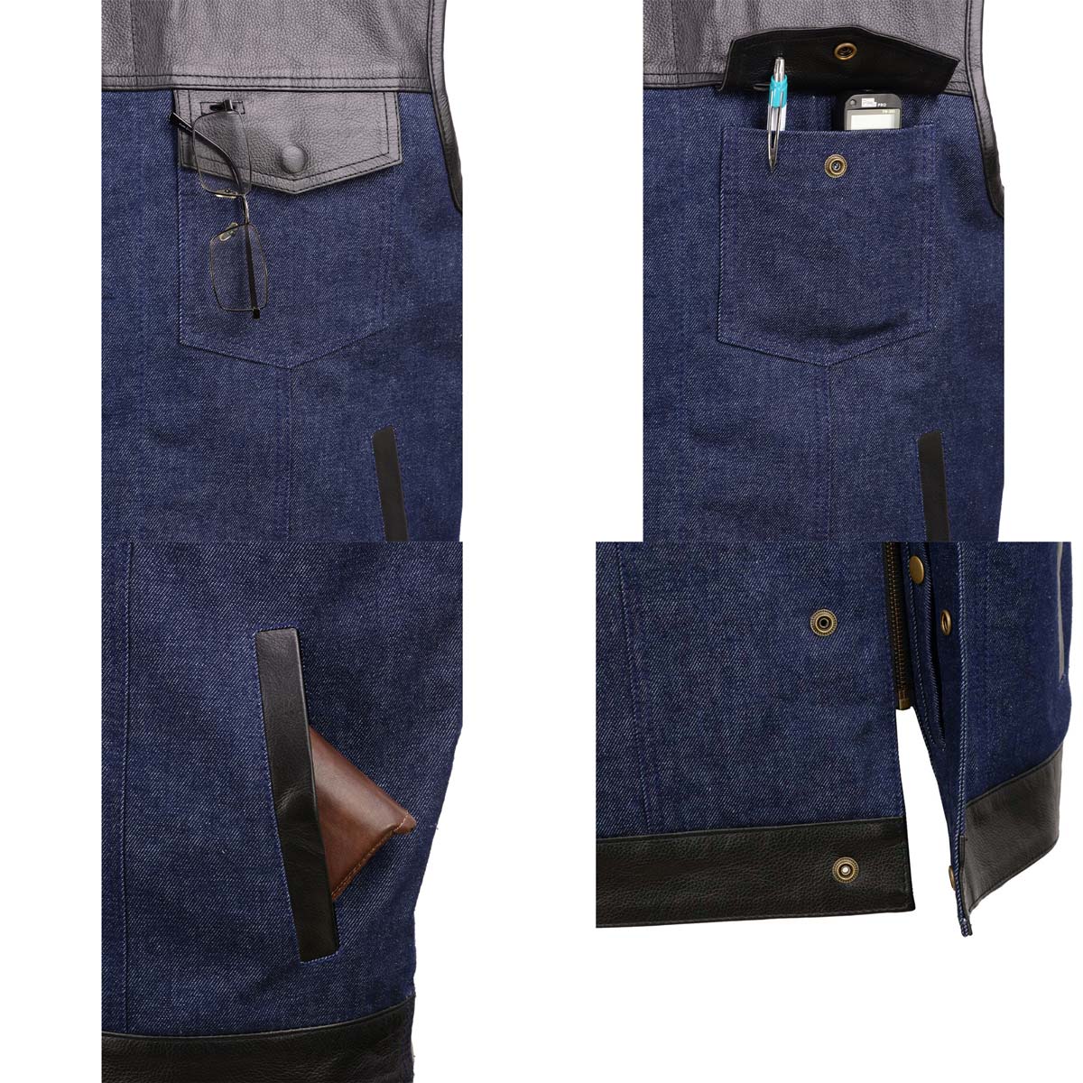 Milwaukee Leather MDM3004 Men's Brute Dual Closure Blue Denim and Black Leather Club Style Vest - Image 5