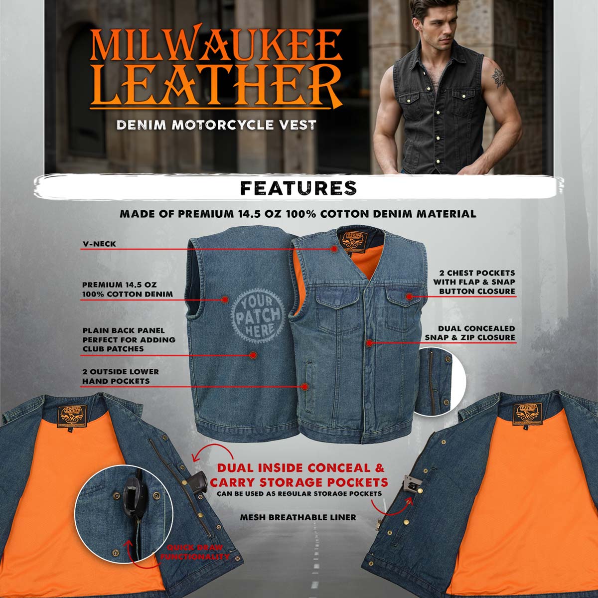 Milwaukee Leather MDM3012 Men's 'Brute' Concealed Snap Blue Denim V-Neck Club Style Vest w/ Hidden Zipper - Image 2