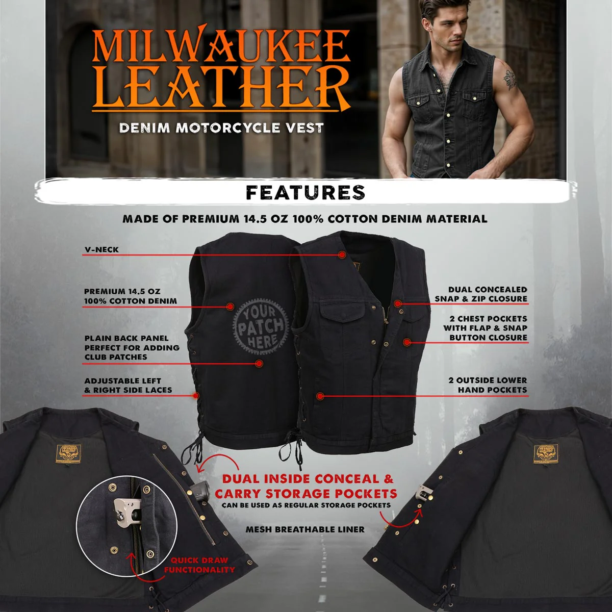 Milwaukee Leather MDM3013 Men's 'Brute' Concealed Snap Black Denim V-Neck Side Lace Club Style Vest w/Hidden Zipper - Image 2