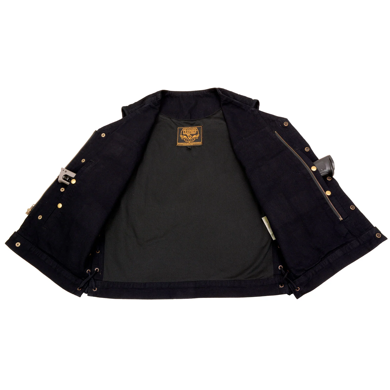 Milwaukee Leather MDM3013 Men's 'Brute' Concealed Snap Black Denim V-Neck Side Lace Club Style Vest w/Hidden Zipper - Image 5