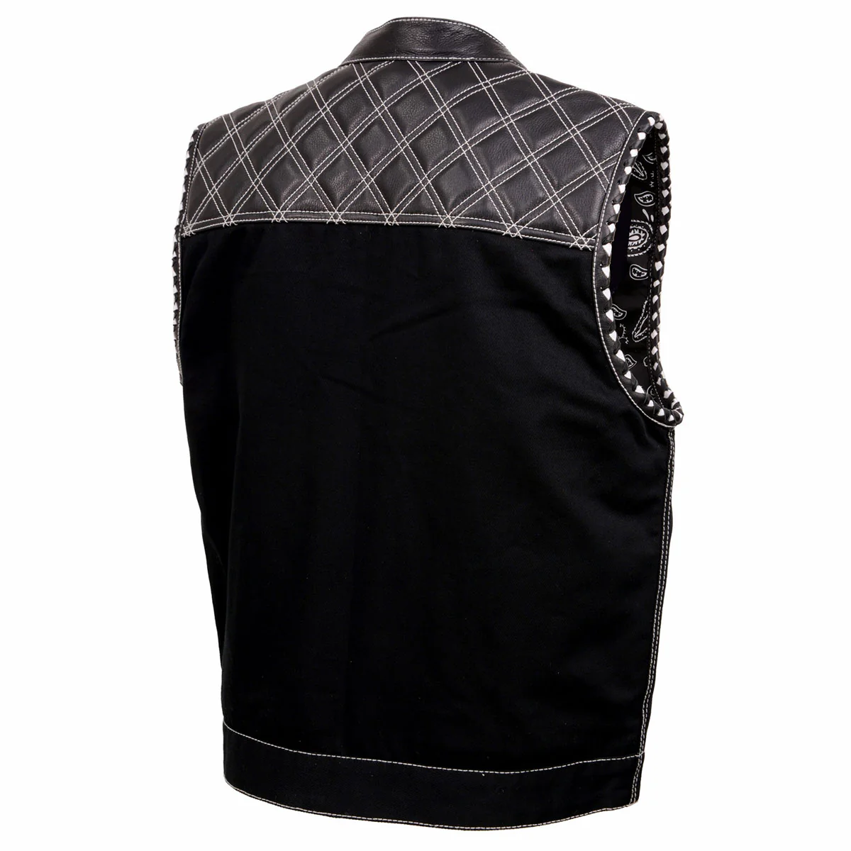 Milwaukee Leather MDM3035 Men’s Wrecker Club Vest – Black Denim & Leather, Diamond Quilt, White Stitch - Image 10
