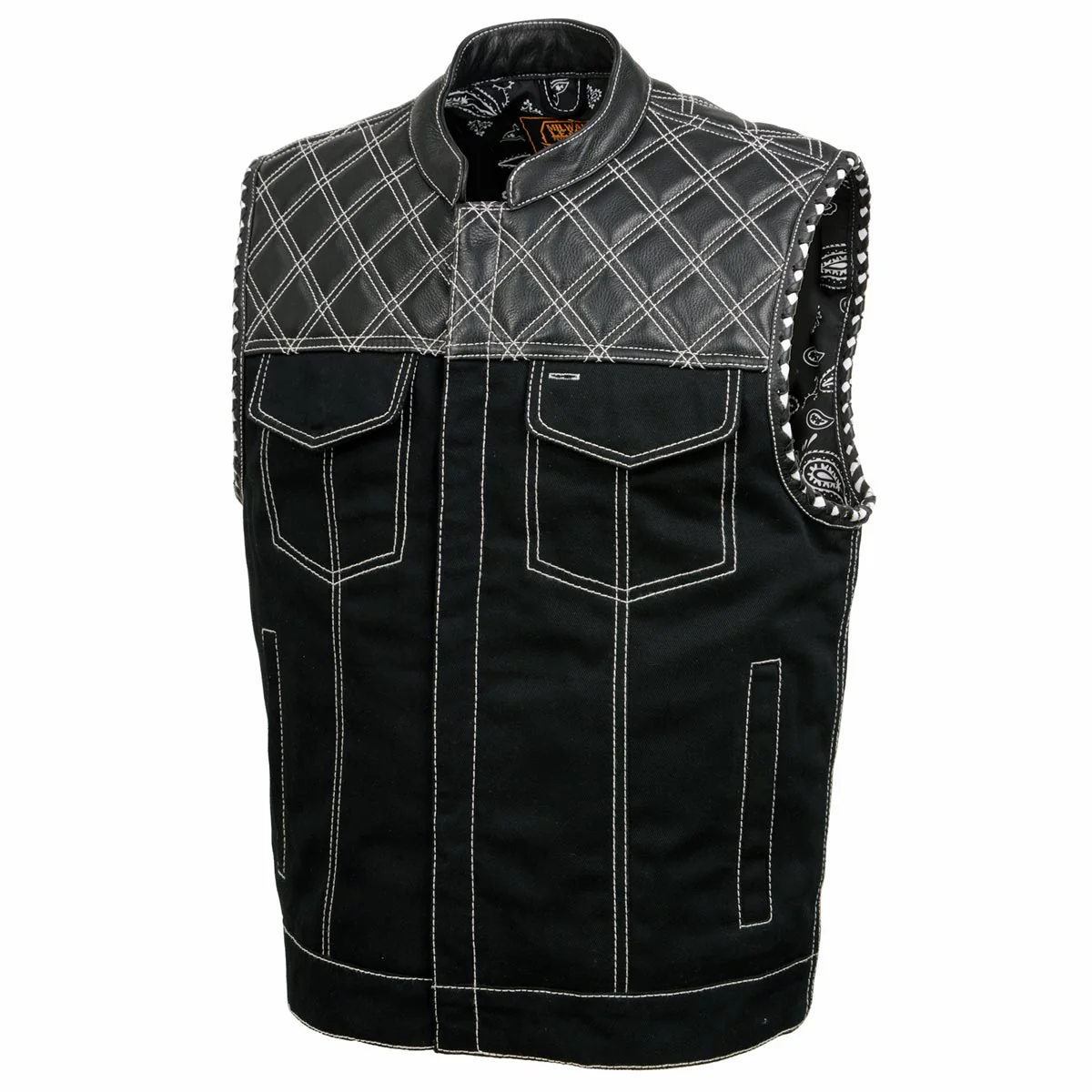 Milwaukee Leather MDM3035 Men’s Wrecker Club Vest – Black Denim & Leather, Diamond Quilt, White Stitch - Image 11