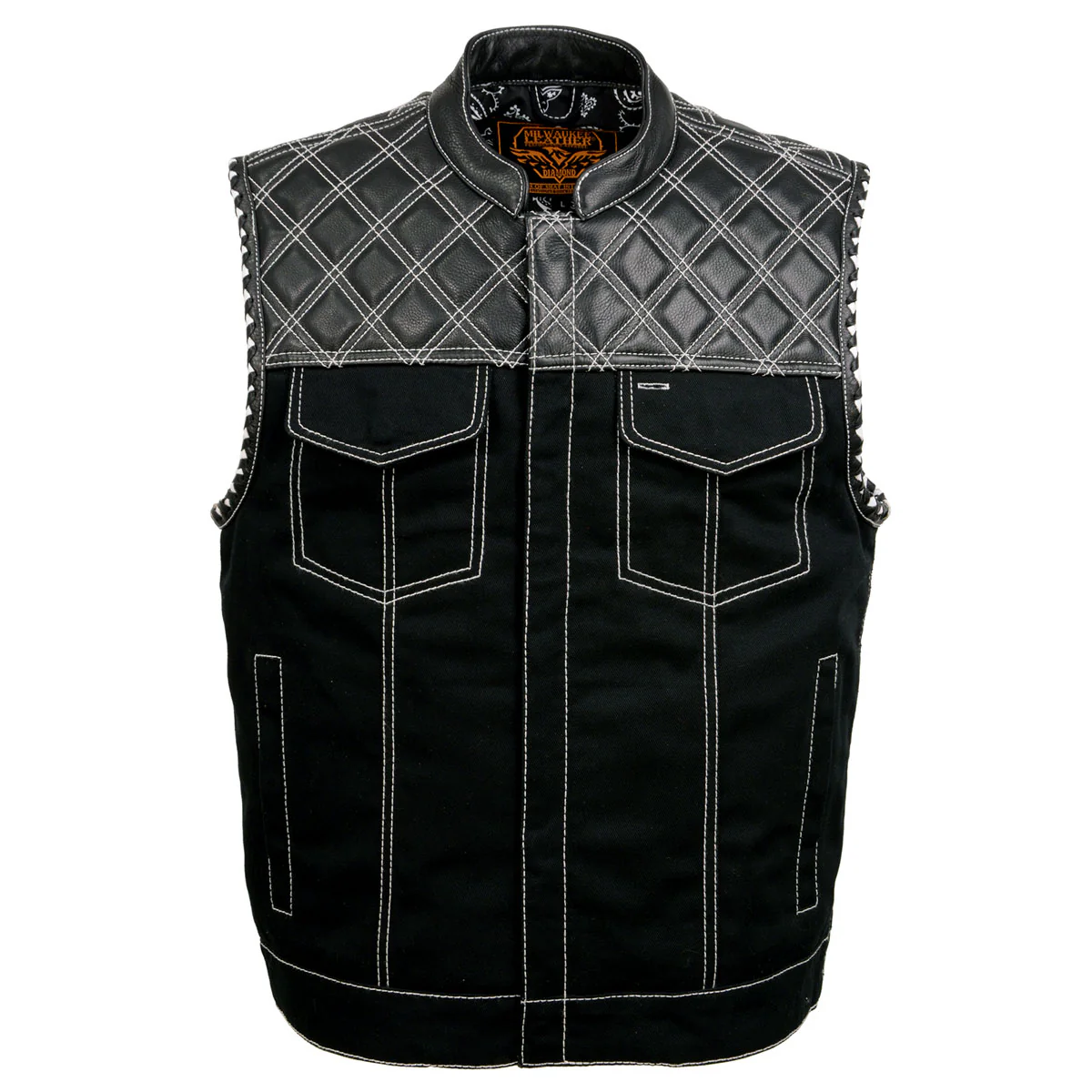 Milwaukee Leather MDM3035 Men’s Wrecker Club Vest – Black Denim & Leather, Diamond Quilt, White Stitch - Image 12
