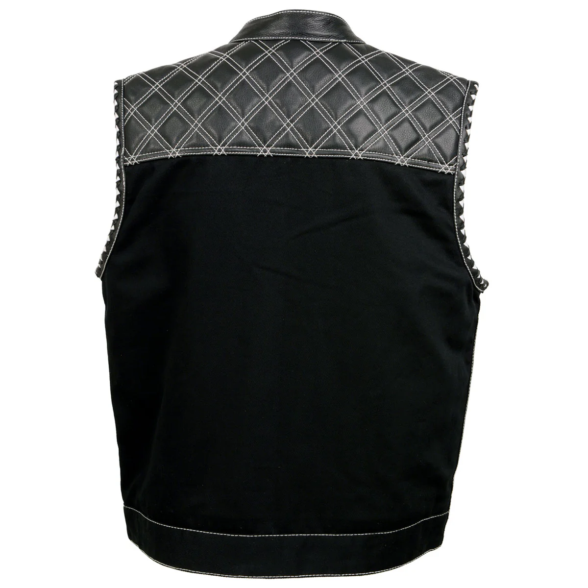 Milwaukee Leather MDM3035 Men’s Wrecker Club Vest – Black Denim & Leather, Diamond Quilt, White Stitch - Image 13