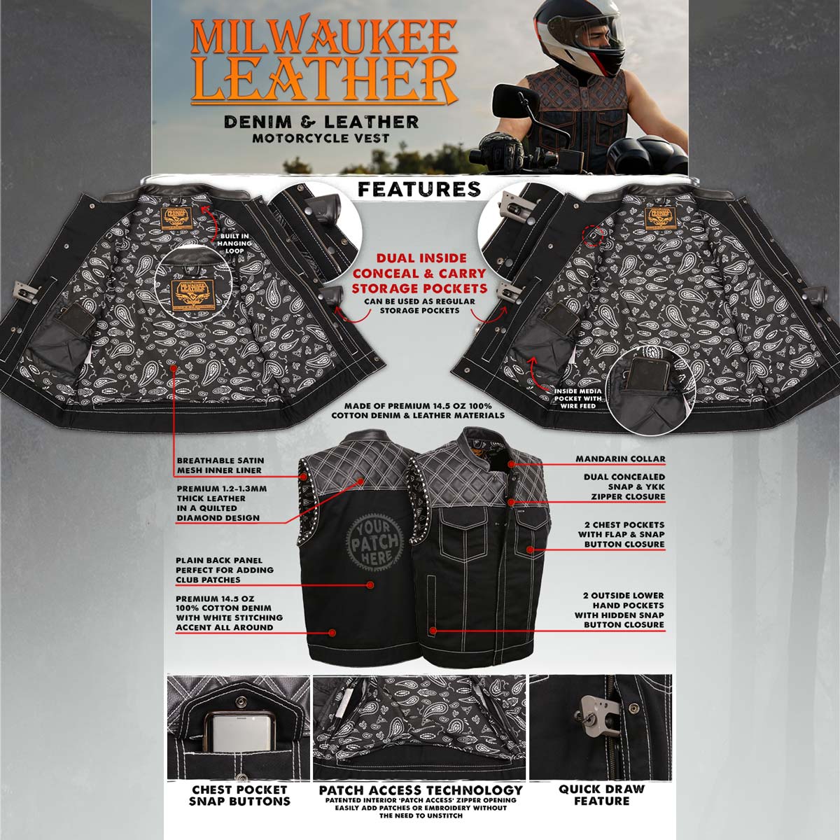 Milwaukee Leather MDM3035 Men’s Wrecker Club Vest – Black Denim & Leather, Diamond Quilt, White Stitch - Image 2