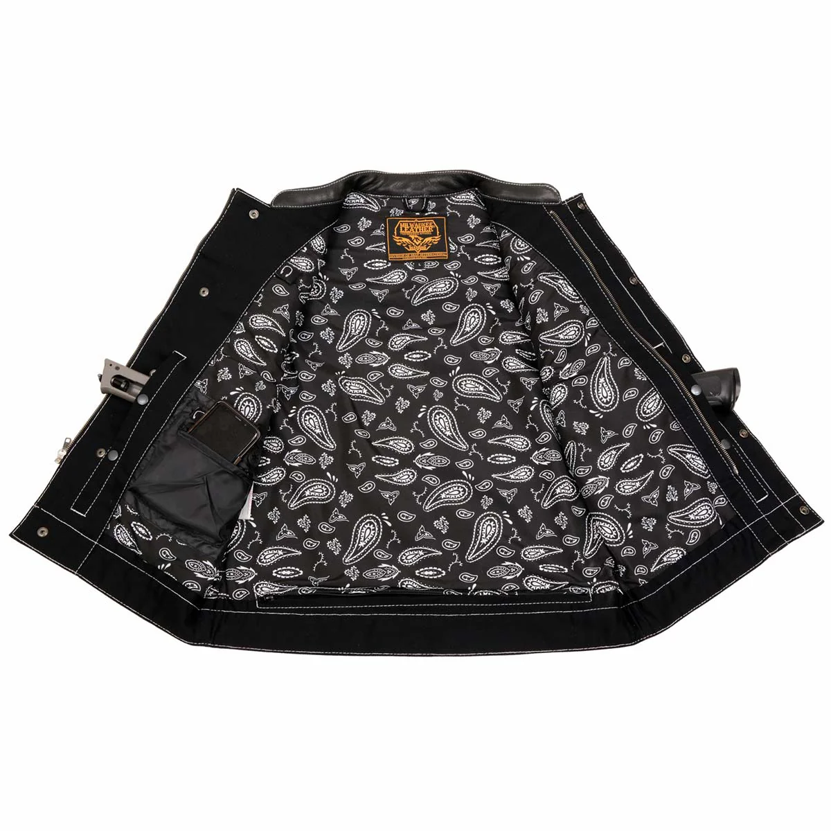 Milwaukee Leather MDM3035 Men’s Wrecker Club Vest – Black Denim & Leather, Diamond Quilt, White Stitch - Image 4