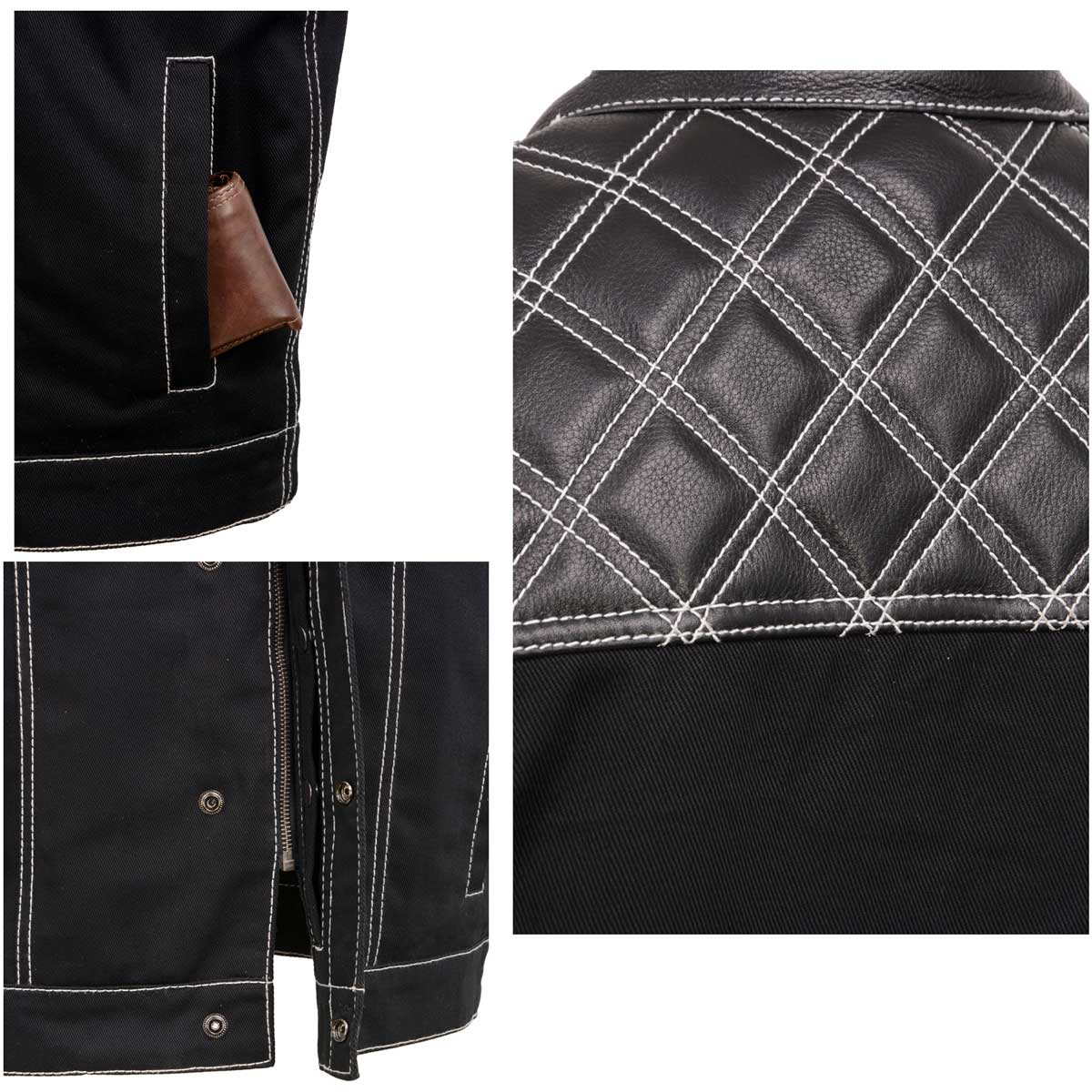 Milwaukee Leather MDM3035 Men’s Wrecker Club Vest – Black Denim & Leather, Diamond Quilt, White Stitch - Image 7