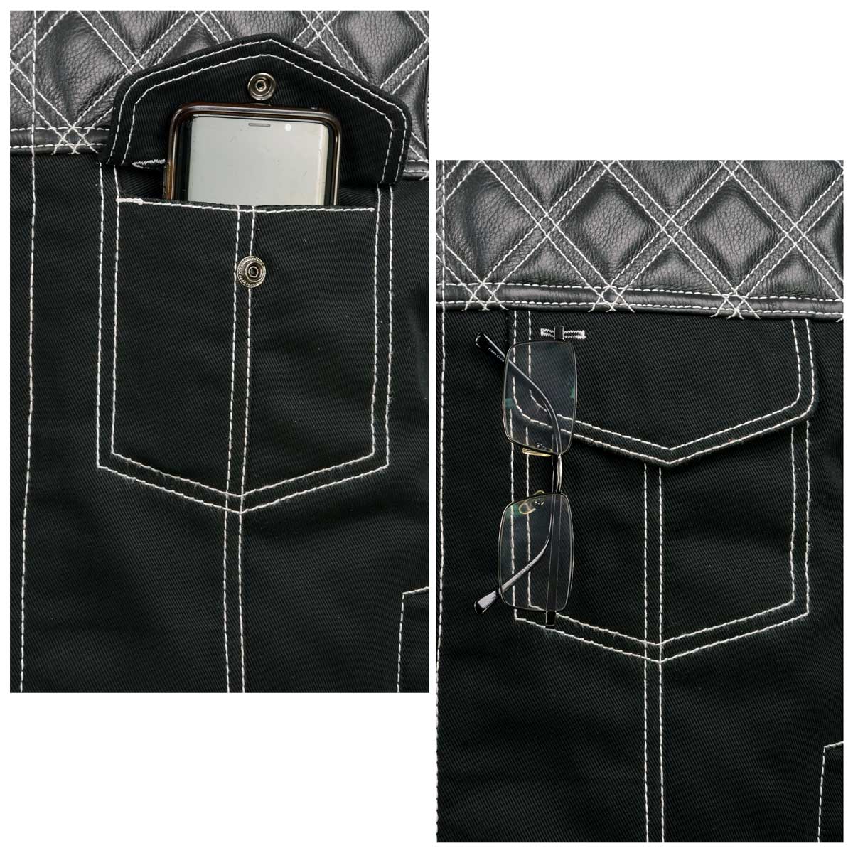 Milwaukee Leather MDM3035 Men’s Wrecker Club Vest – Black Denim & Leather, Diamond Quilt, White Stitch - Image 8