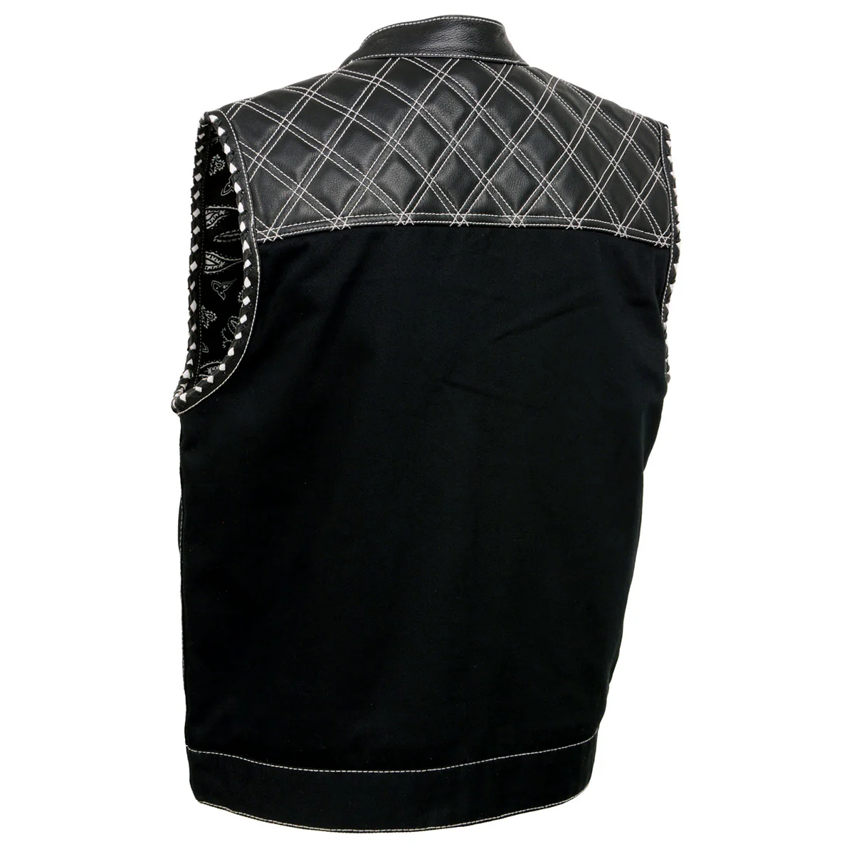 Milwaukee Leather MDM3035 Men’s Wrecker Club Vest – Black Denim & Leather, Diamond Quilt, White Stitch - Image 9