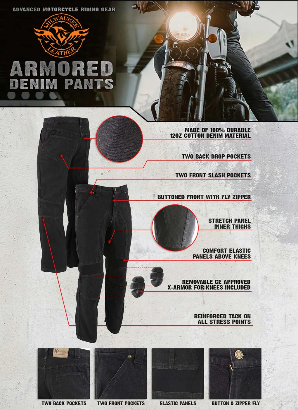 Milwaukee Leather MDM5014 Men's Classic Fit Black Denim Motorcycle Rider Racing Pants w/ CE Armor on Knees - Image 9