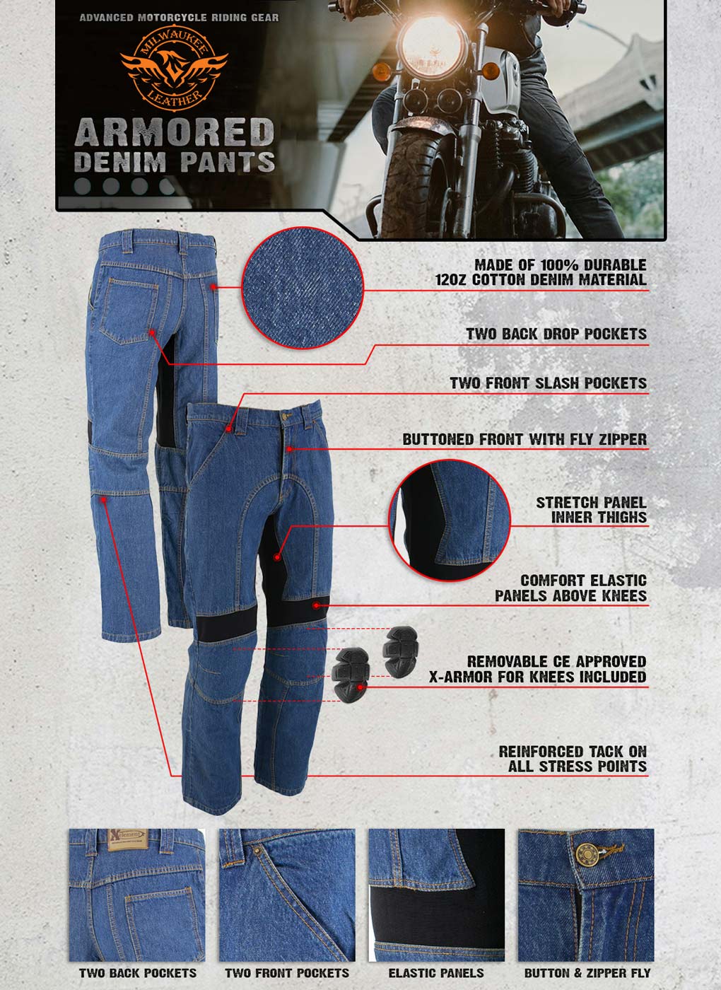 Milwaukee Leather MDM5015 Men's Classic Fit Blue Denim Motorcycle Rider Racing Pants w/ CE Armor on Knees - Image 10