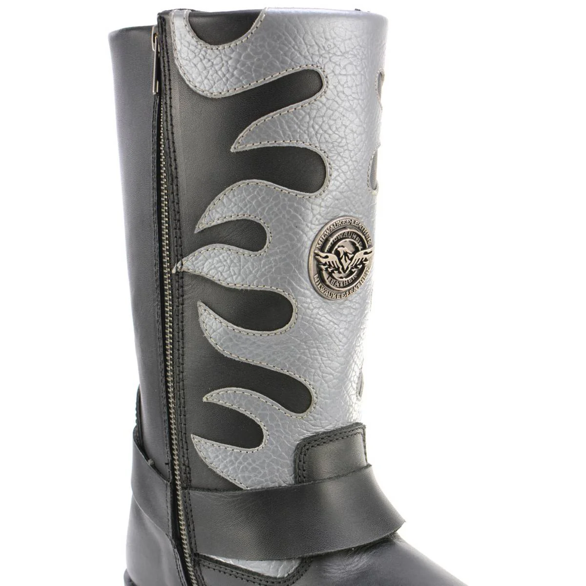 Milwaukee Leather Men’s Fire Fight Harness Boots – Black Leather w/ Silver Flames, 11″ Square Toe, Inside Zipper - MBM9067 - Image 11
