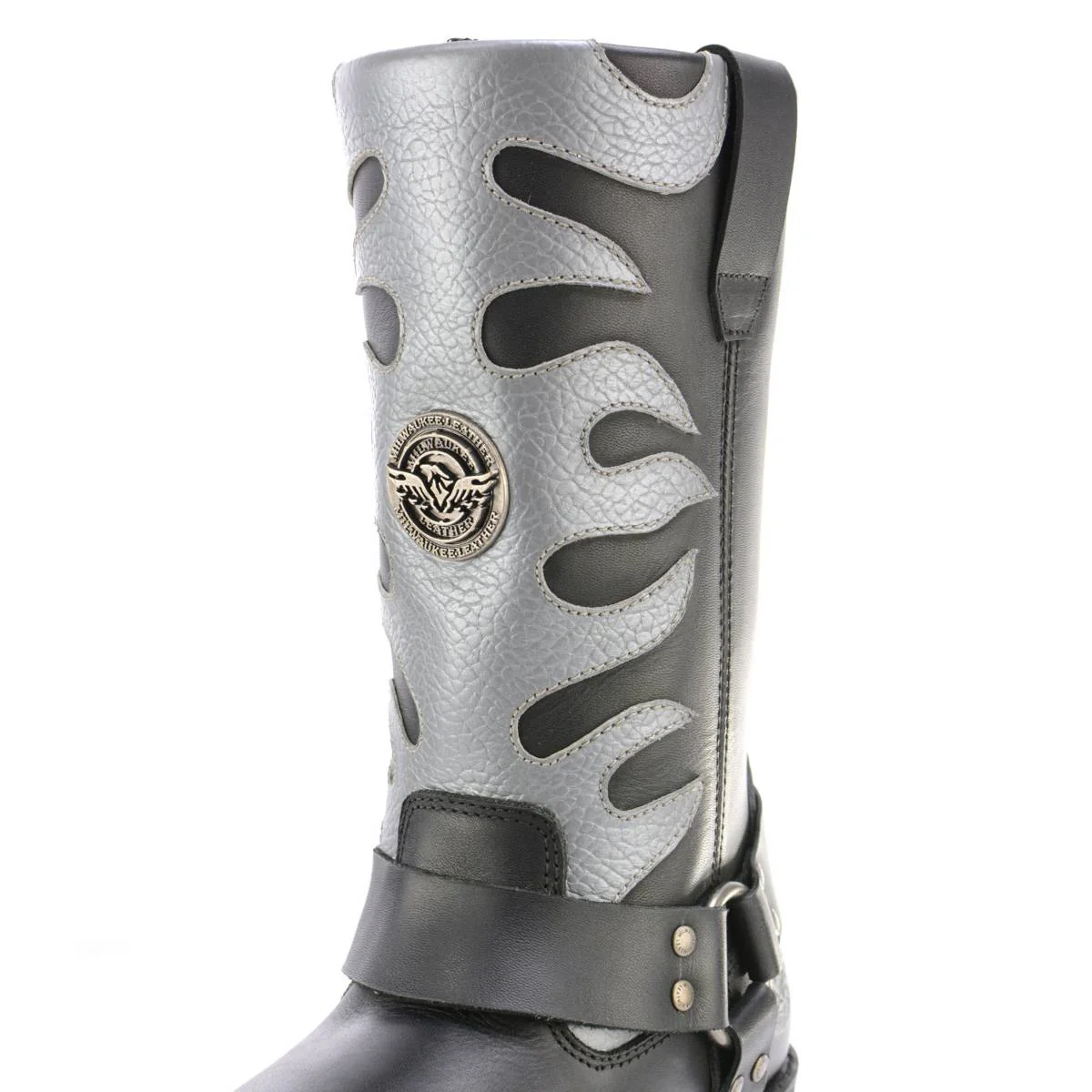 Milwaukee Leather Men’s Fire Fight Harness Boots – Black Leather w/ Silver Flames, 11″ Square Toe, Inside Zipper - MBM9067 - Image 12