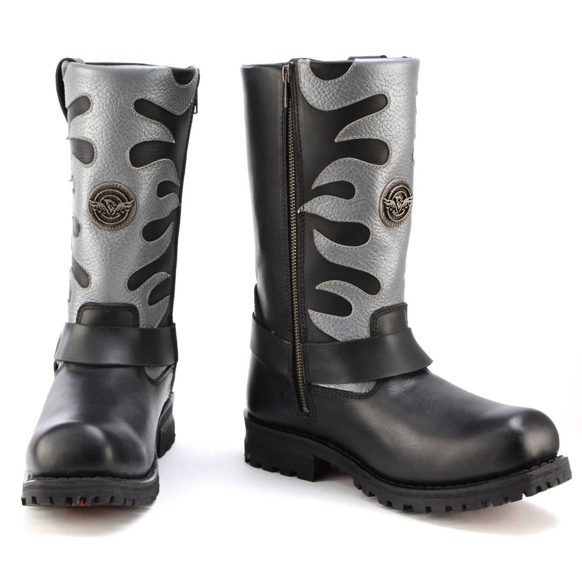 Milwaukee Leather Men’s Fire Fight Harness Boots – Black Leather w/ Silver Flames, 11″ Square Toe, Inside Zipper - MBM9067 - Image 2