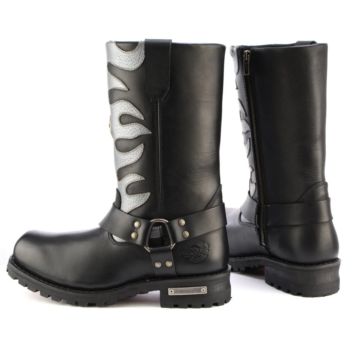 Milwaukee Leather Men’s Fire Fight Harness Boots – Black Leather w/ Silver Flames, 11″ Square Toe, Inside Zipper - MBM9067 - Image 5
