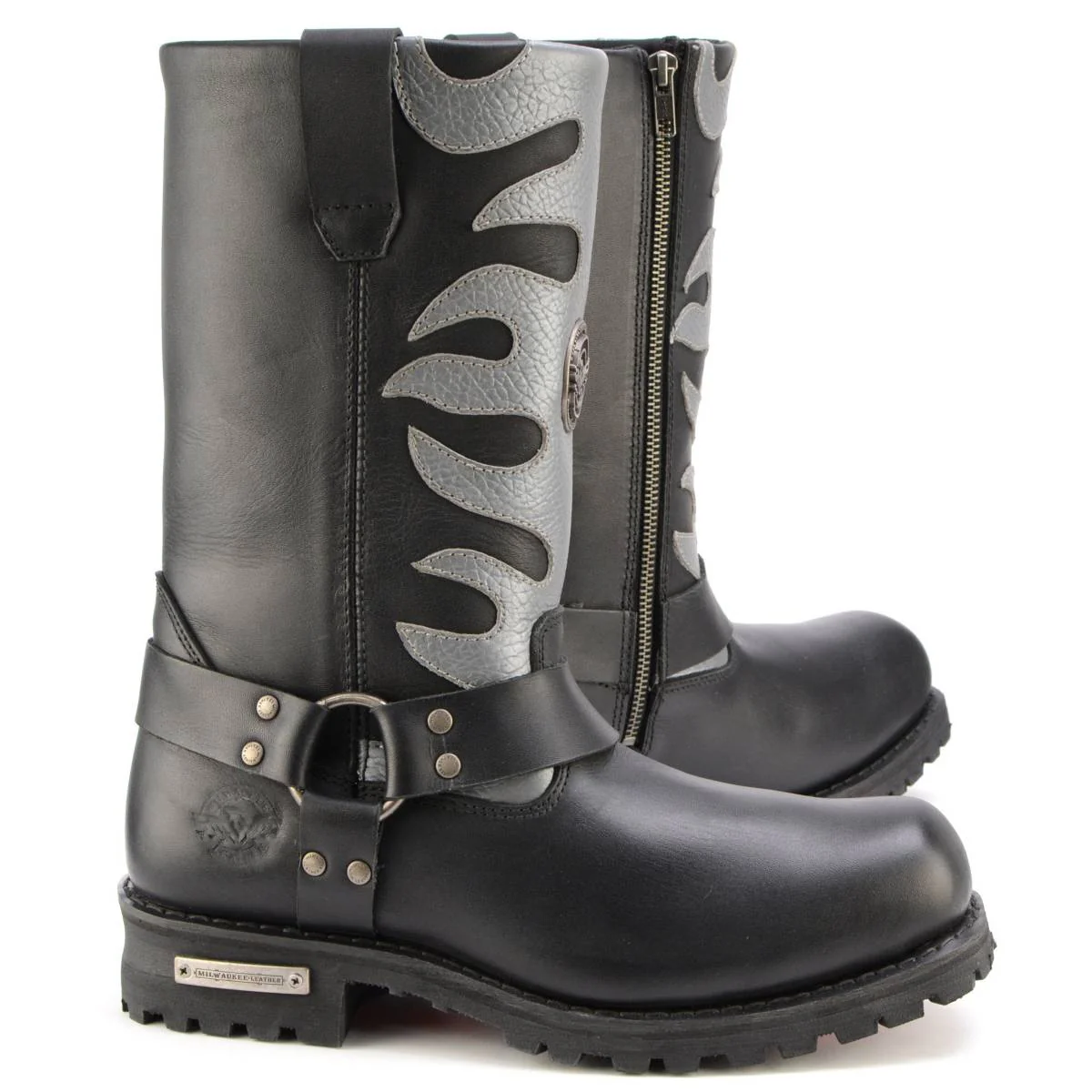 Milwaukee Leather Men’s Fire Fight Harness Boots – Black Leather w/ Silver Flames, 11″ Square Toe, Inside Zipper - MBM9067 - Image 8