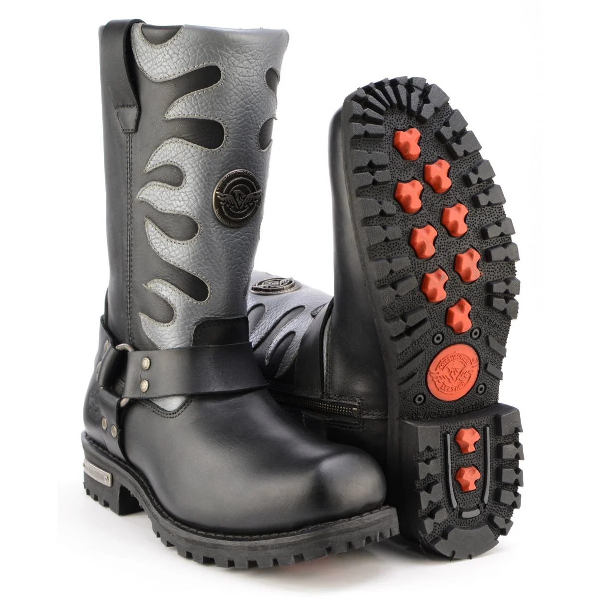 Milwaukee Leather Men’s Fire Fight Harness Boots – Black Leather w/ Silver Flames, 11″ Square Toe, Inside Zipper - MBM9067 - Image 9