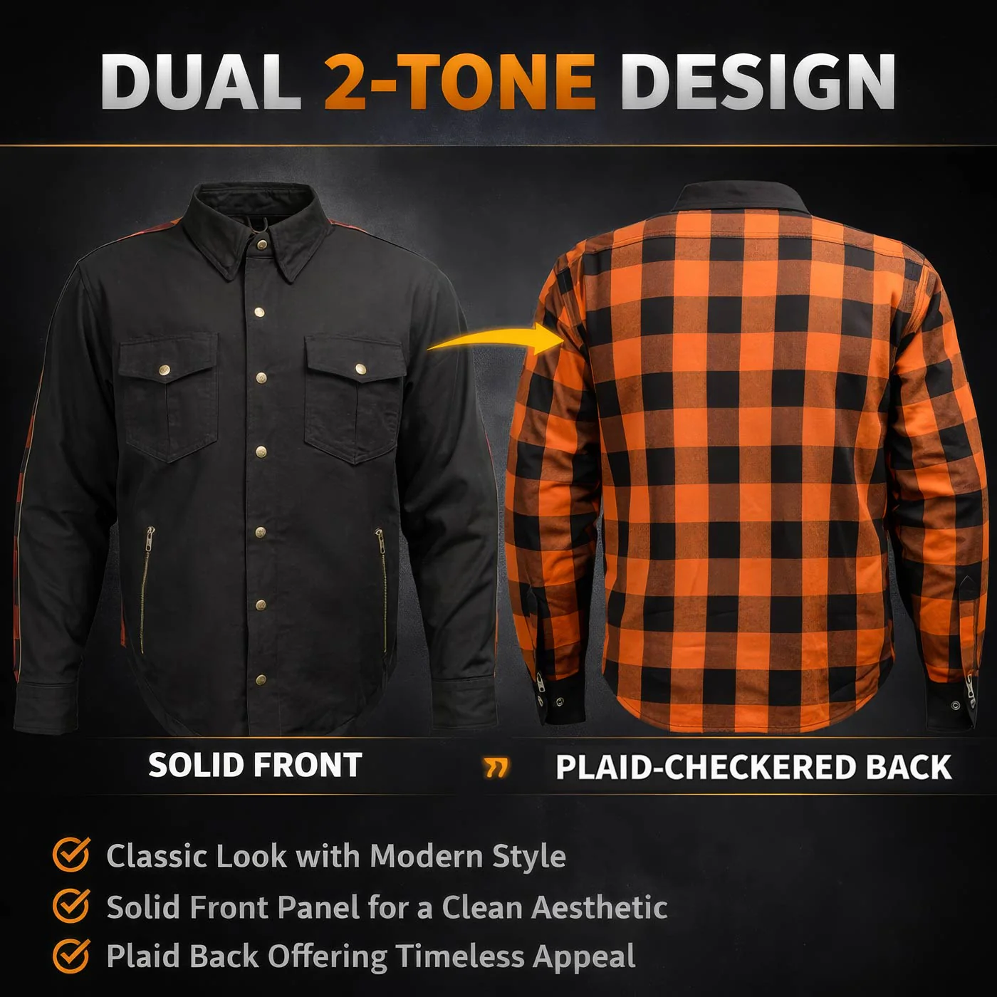 Milwaukee Leather Men’s Two-Tone CE Armored Flannel - Solid Front / Plaid Back - Reinforced w/ Aramid Fibers - MPM1672 - Image 2