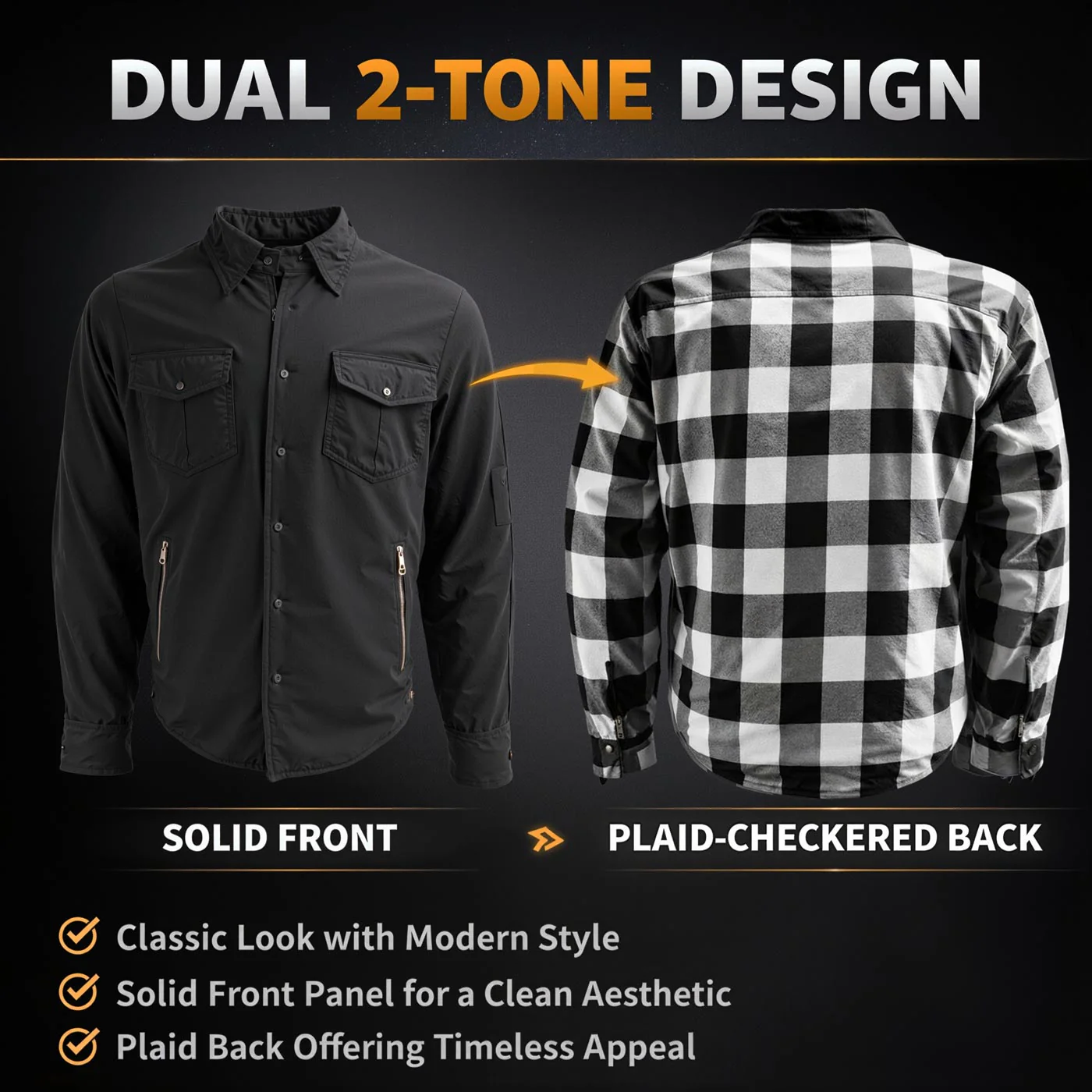 Milwaukee Leather Men’s Two-Tone CE Armored Flannel - Solid Front / Plaid Back - Reinforced w/ Aramid Fibers - MPM1673 - Image 2