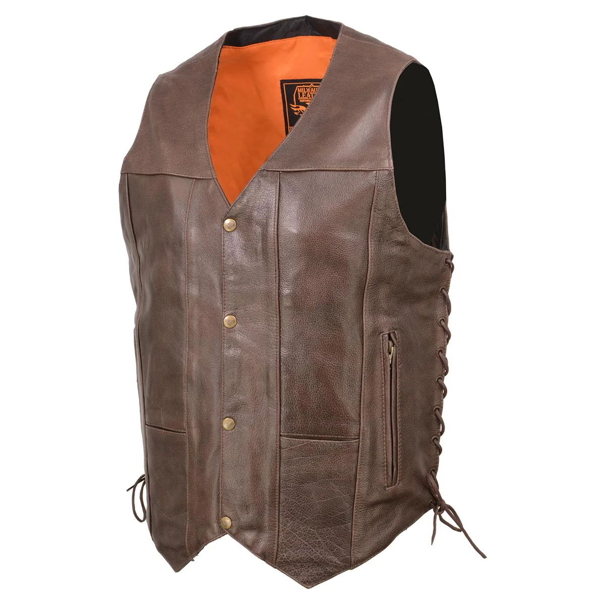 Milwaukee Leather ML1391RT Men's Retro Brown Leather Vest- 10 Pockets Side Lace 4-Snap V-Neck Motorcycle Rider Vest - Image 10