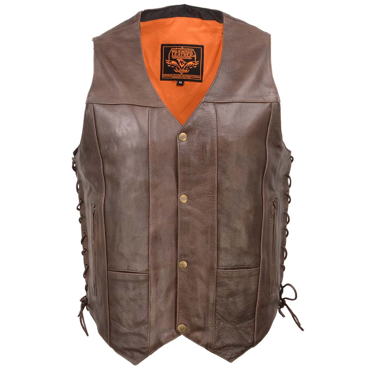 Milwaukee Leather ML1391RT Men's Retro Brown Leather Vest- 10 Pockets Side Lace 4-Snap V-Neck Motorcycle Rider Vest - Image 11
