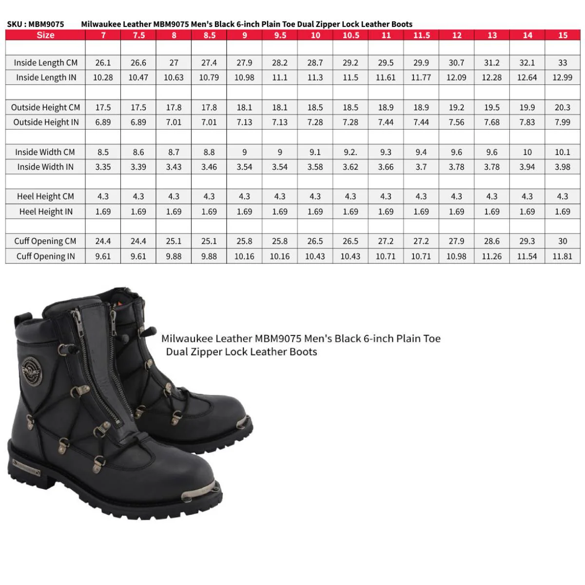 Milwaukee Leather MBM9075 Men's Black Leather 6-inch Plain Toe Dual Zipper Motorcycle Rider Boots - Image 3