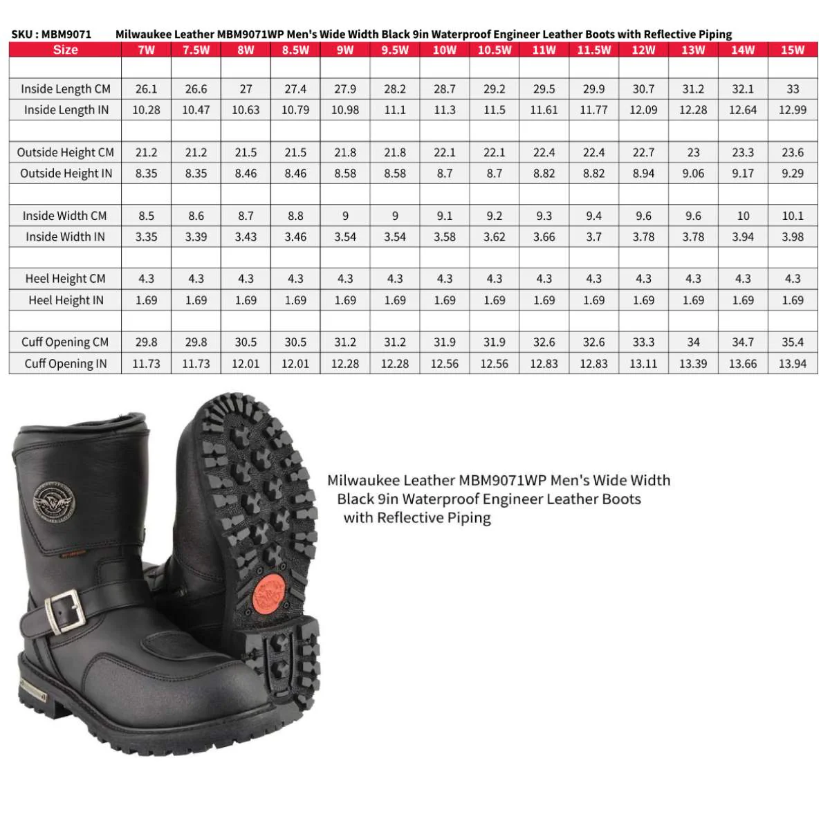 Milwaukee Leather Men's Black Wide Width 9-inch Waterproof Engineer Leather Biker Boots with Reflective Piping MBM9071WP - Image 3