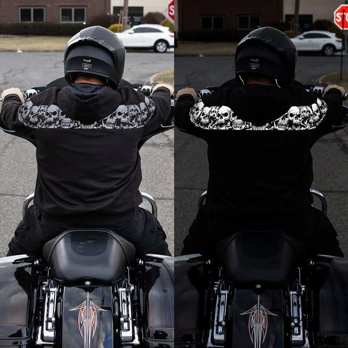 Milwaukee Leather Men's Bare Bones Black Reflective Skull CE Armored Riding Hoodie, Shoulder & Elbow Armor - MPM1798 - Image 12