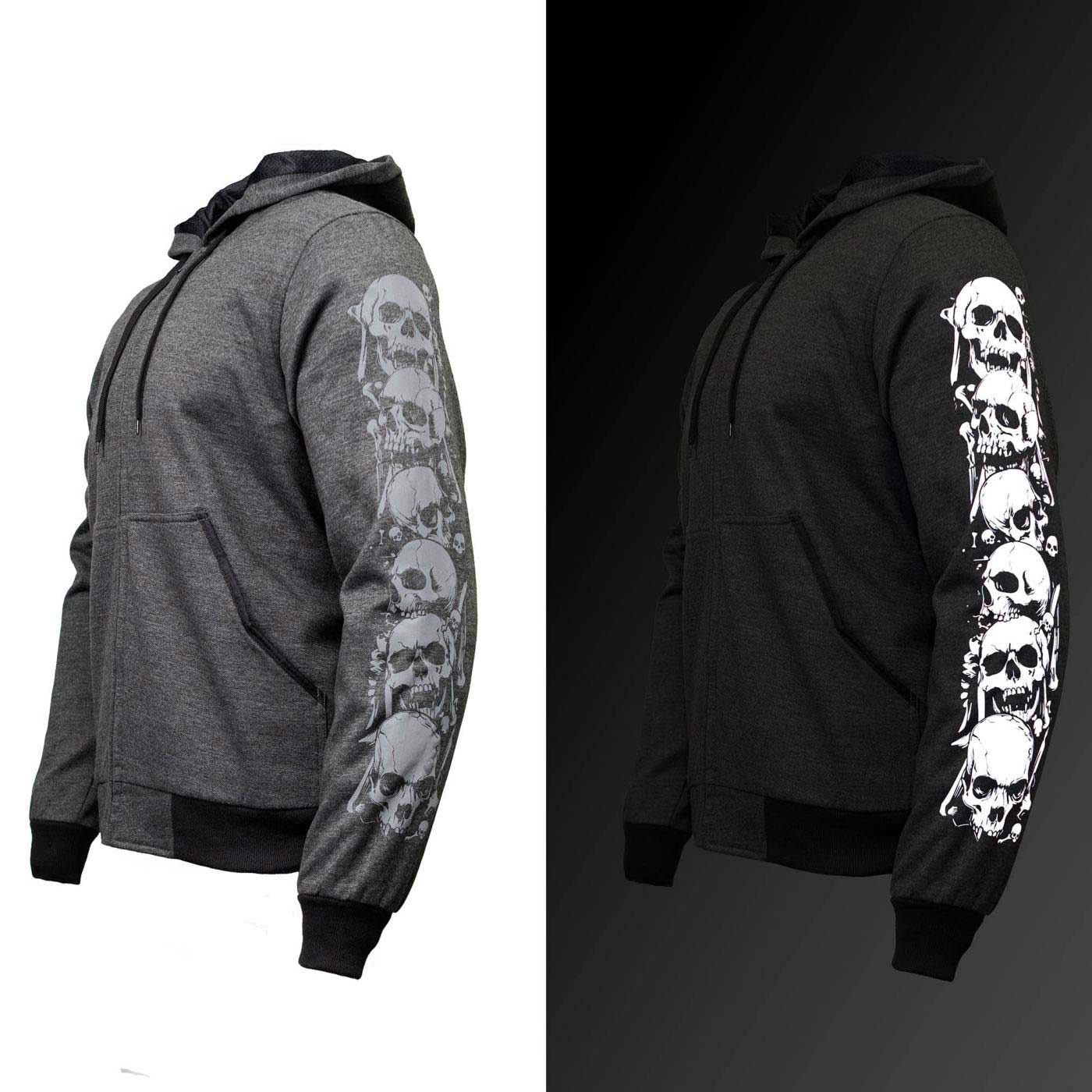 Milwaukee Leather Men's Bare Bones Charcoal Reflective Skull CE Armored Riding Hoodie, Shoulder & Elbow Armor - MPM1799 - Image 10