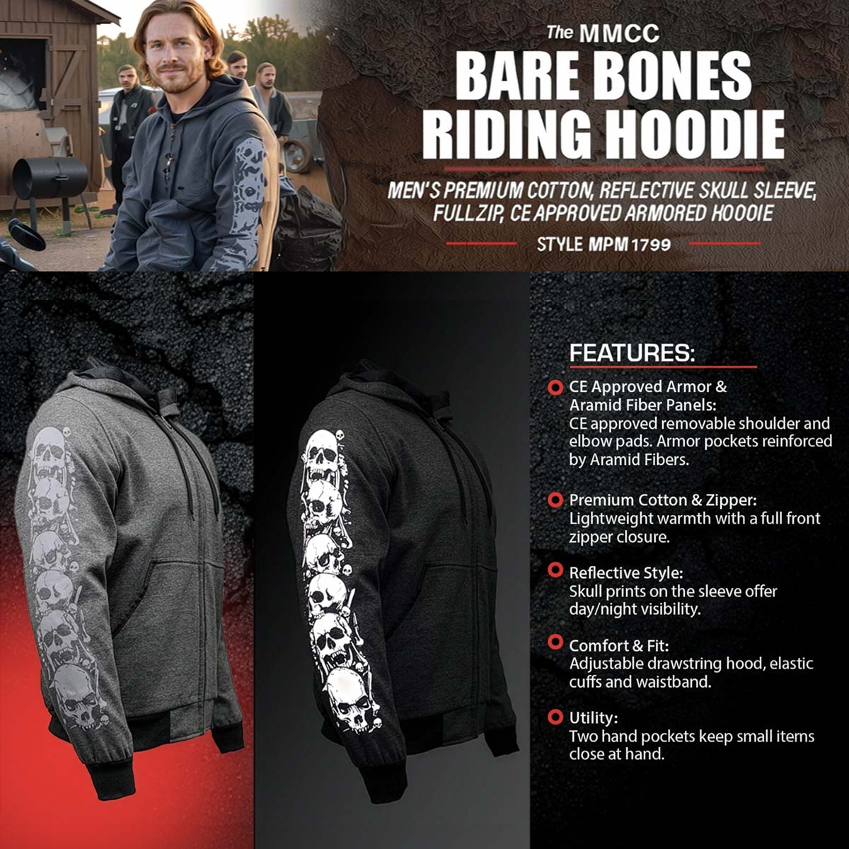 Milwaukee Leather Men's Bare Bones Charcoal Reflective Skull CE Armored Riding Hoodie, Shoulder & Elbow Armor - MPM1799 - Image 2