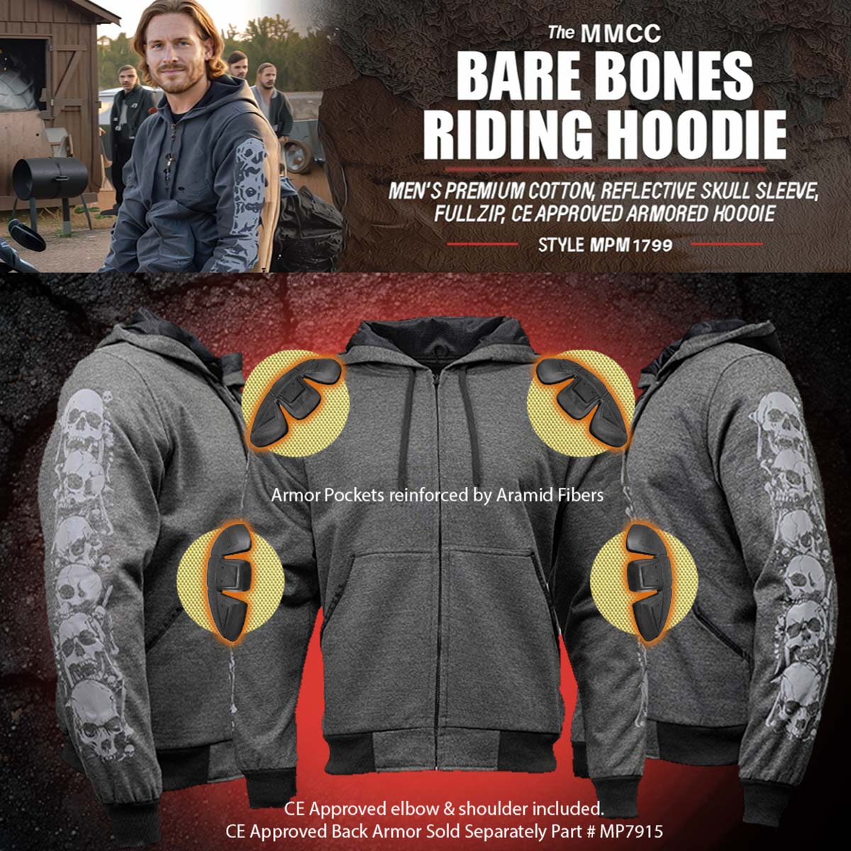 Milwaukee Leather Men's Bare Bones Charcoal Reflective Skull CE Armored Riding Hoodie, Shoulder & Elbow Armor - MPM1799 - Image 4