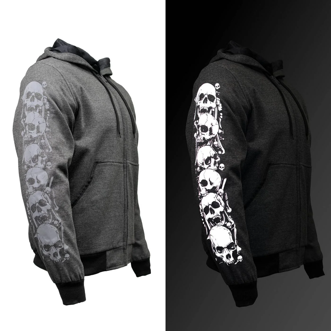 Milwaukee Leather Men's Bare Bones Charcoal Reflective Skull CE Armored Riding Hoodie, Shoulder & Elbow Armor - MPM1799 - Image 8