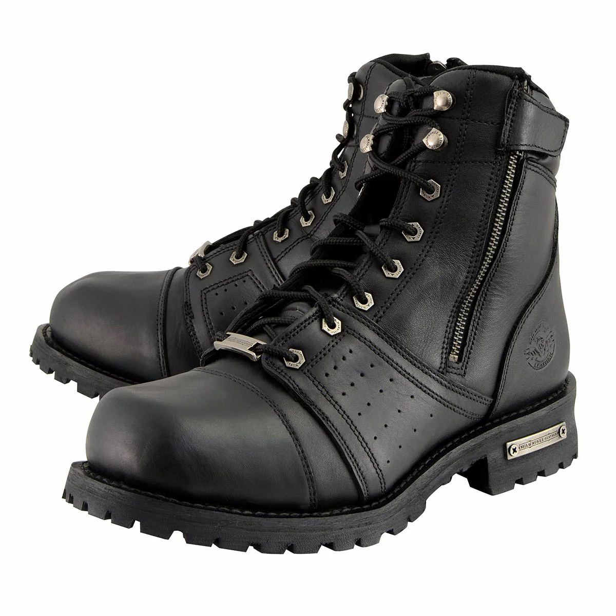 Milwaukee Leather Men's Black Lace-Up Wide-Width Motorcycle Leather Boots with Side Zipper Entry MBM9000W - Image 5