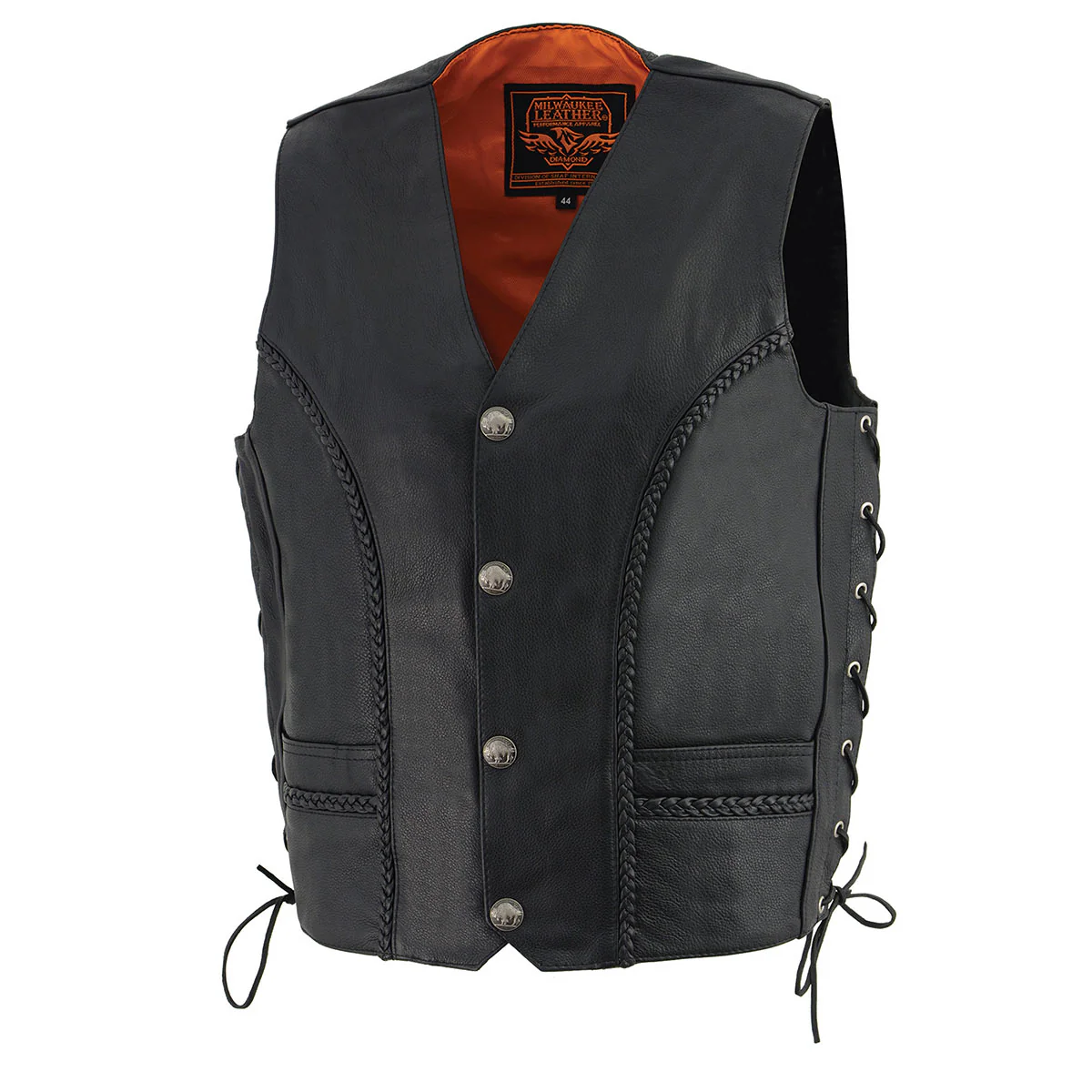 Milwaukee Leather ML1359 Men's Black Premium Leather Side Lace Motorcycle Rider Vest w/ Buffalo Nickel Snaps Closure - Image 5