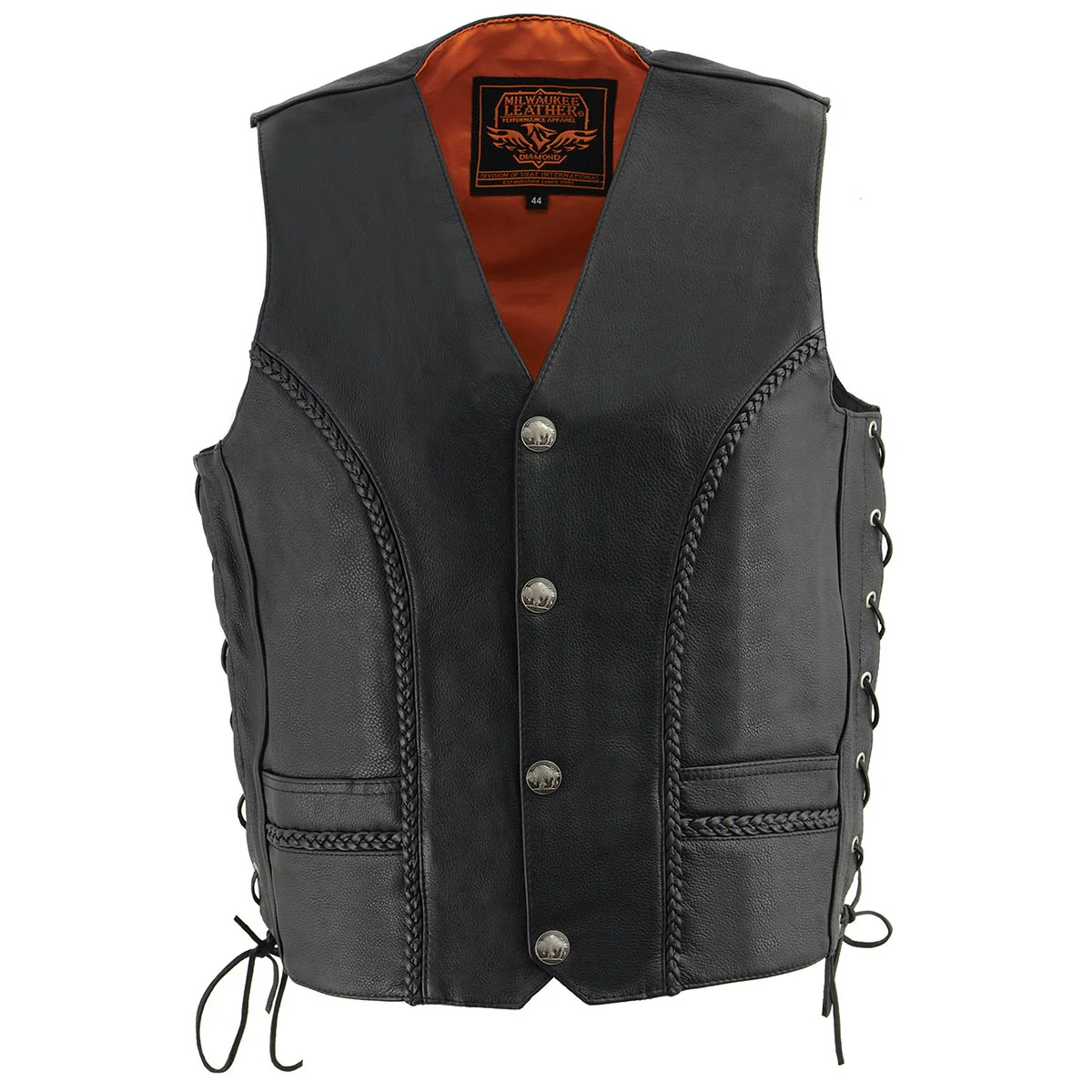 Milwaukee Leather ML1359 Men's Black Premium Leather Side Lace Motorcycle Rider Vest w/ Buffalo Nickel Snaps Closure - Image 7