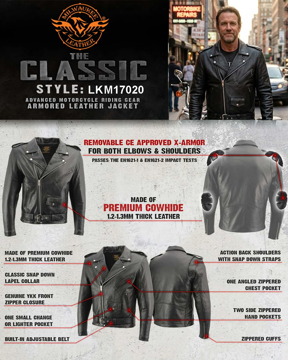Milwaukee Leather Men's Classic Armored Black Leather Motorcycle Jacket w/ CE Armor - LKM17020 - Image 4