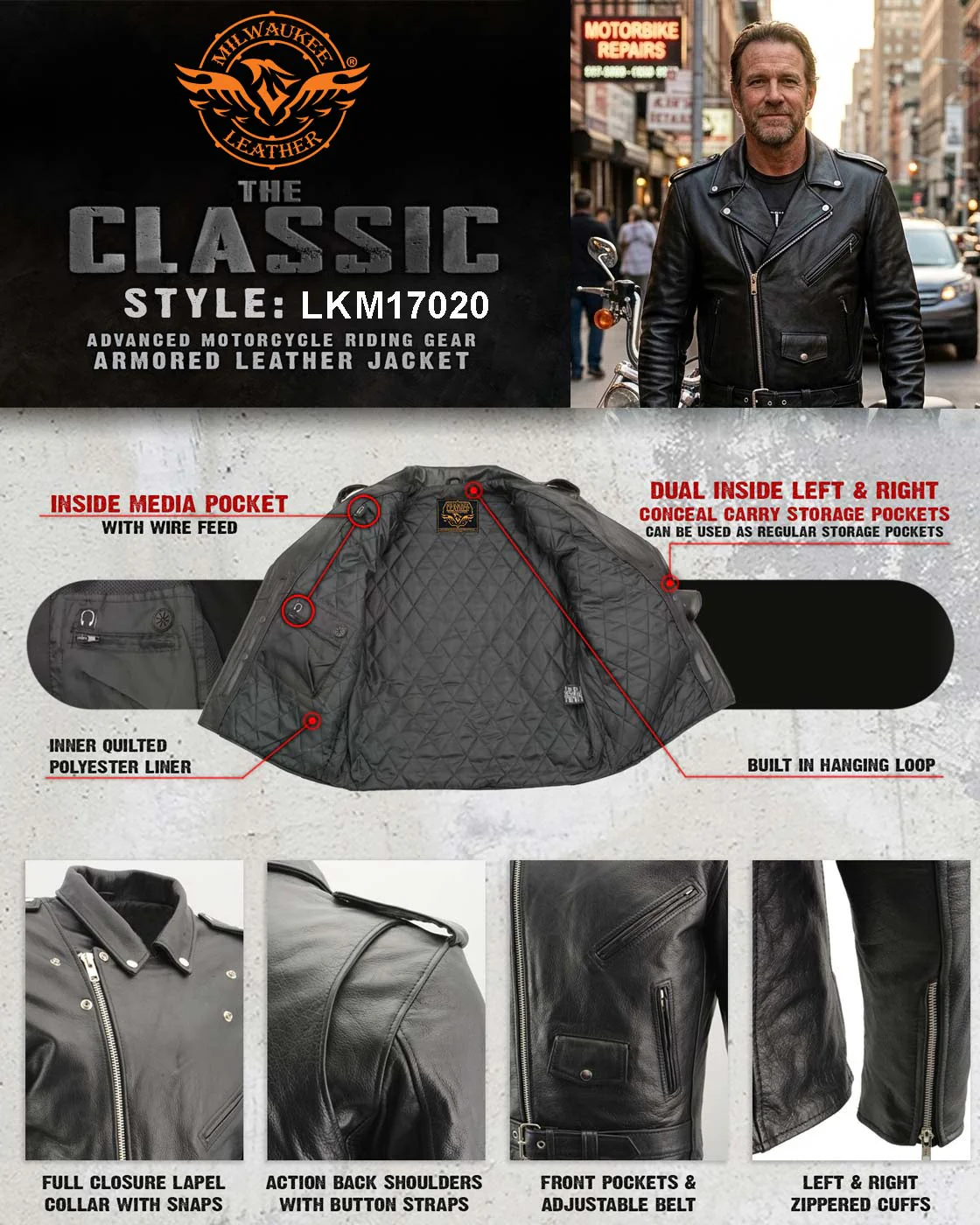 Milwaukee Leather Men's Classic Armored Black Leather Motorcycle Jacket w/ CE Armor - LKM17020 - Image 5
